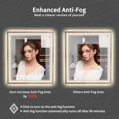 Image of Bathroom Mirror, 32x36 Inch Gradient Front and Backlit LED Mirror for Bathroom, 3 Colors Dimmable CRI>90 Double Lights, IP54 Enhanced Anti-Fog, Hanging Plates Wall Mount LED Mirror