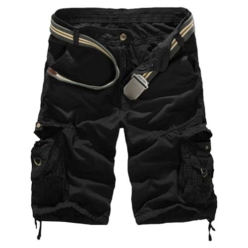 Men's Camo Cargo Shorts Multi-Pocket Camouflage Hiking Shorts Fashion Casual Cotton Knee Length Shorts No Belt (Black2-3,34)