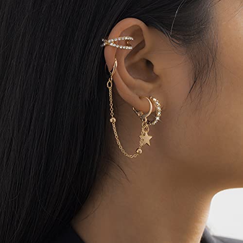 Xerling Star Hoop Earrings Cross Ear Cuff Earrings Statement Ear Cuff Chain Earrings for Women Teens Girls Rhinestone Earrings Star Dangle Drop Chain Tassel Earrings (Gold)
