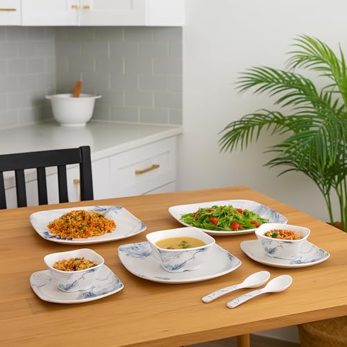 Image of Thermador Pack of 12 Melamin Dinner Set Blue White | Dinner Sets | Kitchen Set for Home Kitchen Items | Utensils Set | Perfect for Gifts | Size 12pc | Stylish Design Pack Size 12