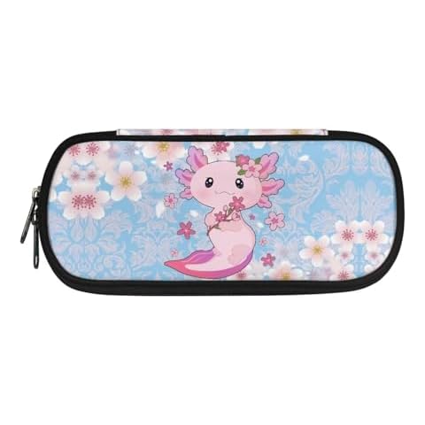 INSTANTARTS Cherry Blossom Axolotl Girls Pencil Pouch Large Capacity Kids Pen Holder with Zipper Pen Organizer for School Supplies Aesthetic Stationery Bags Cover