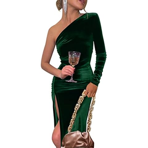 YMDUCH Women's Sexy Elegant One Shoulder Long Sleeve Velvet Ruched Slit Party Long Dress DarkGreen Cover