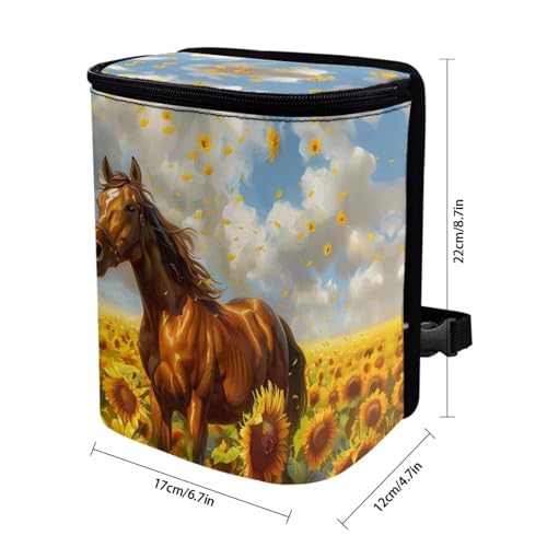 Image of Talayituse Horse Sunflower Print Car Trash Can, Portable Auto Garbage Bin Multifunctional Vehicle Interior Accessories with Adjustable Straps Universal Fit Truck SUV Sedan