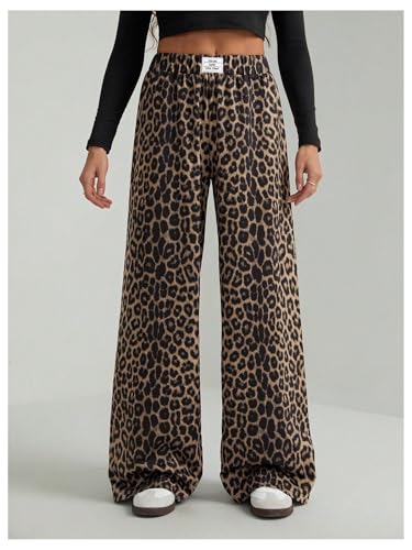 Women's Leopard Print Wide Leg Pants Patched Elastic Waist Casual Loose Trousers4