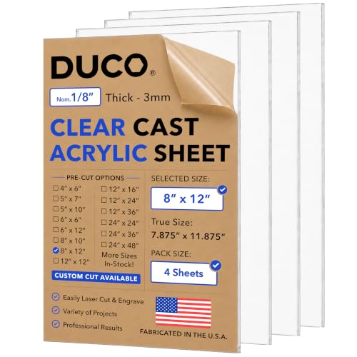 Duco 1/8" Clear Cast Acrylic Sheets, 8"x12" Plexiglass Sheets, 4 Pack