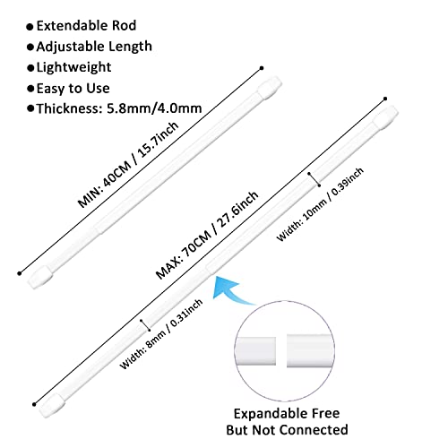 2PCS Adjustable Rods for Curtain, Net Curtain Extendable Rod, No Drill Net Curtain Rod for Kitchen, Windows, DIY Projects with 4PCS Self-adhesive Hooks(40-70CM/15.75-27.55Inch,White)