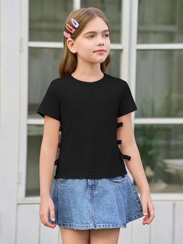 Image of Haloumoning Girls Short Sleeve Shirts Kids Summer Casual Side Bow Knit Tops Tees 5-14 Years
