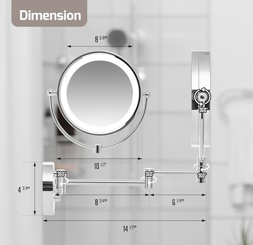 OVENTE Wall Mounted Lighted Makeup Vanity Mirror, 9" Hard Wired Double Sided 1X/7X Magnifying Bathroom Mirror, Dimmable LED Lights, 360° Rotation and 14" Extendable Arm, Polished Chrome MPWD3185CH1X7X