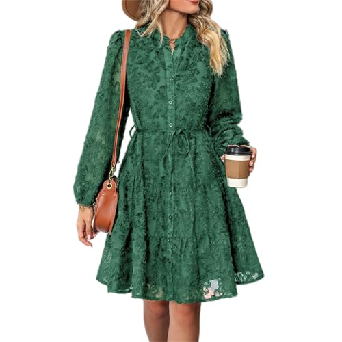 Robe trapèze rétro chic en dentelle robe d'automne boutonnée à ceinture pour femme