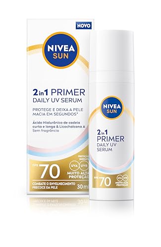 NIVEA SUN 2 em 1 Primer Daily UV Sérum FPS 70 30ml, Muito Alta Proteção UVA/UVB, Pele Uniforme, Prepara para Maquiagem, Ácido Hialurônico, Cuidado Facial