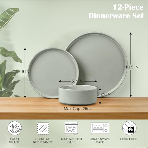 E-far Stoneware Dinnerware Sets, 12-Piece Plates and Bowls Set for 4, Green - image 2