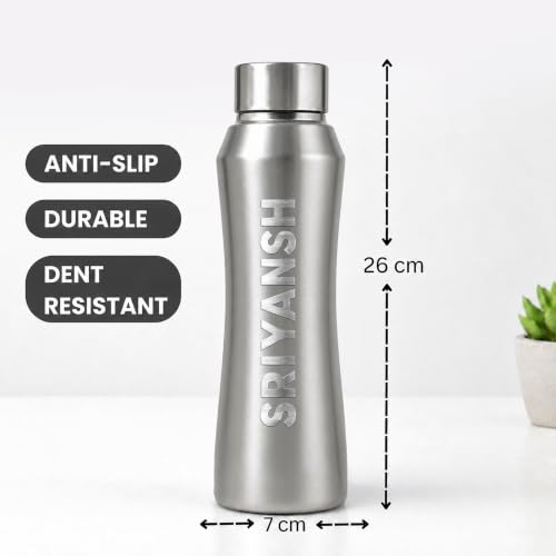 Image of Speedex Customised Stainless Steel Water Bottle 1 Ltr with Engraved Name - Personalised Screw Lid Bottle for Kids, Men & Women, School, Office, Gym, Silver, Set of 1