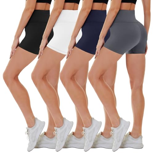CAMPSNAIL 4 Pack Biker Shorts for Women High Waist - 5"/8" Tummy Control Soft Athletic Yoga Workout Running Gym Shorts 5 IN Small-Medium Black/White/Dark Gray/Nave Blue, 4 Packs