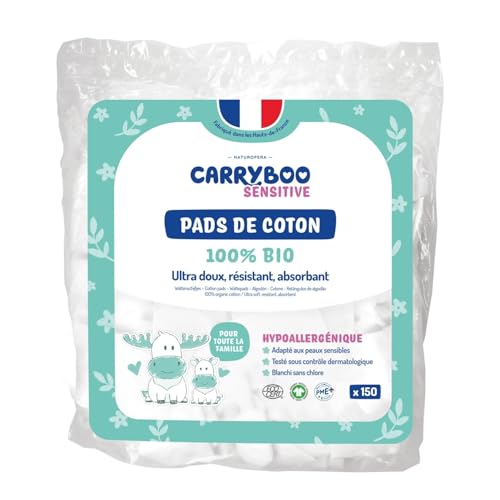 CARRYBOO - 150 Coton Pads Bébé 100% Bio - Ultra Doux pour Peaux Sensibles - Hypoallergénique - Change & Toilette - Fabriqués en France