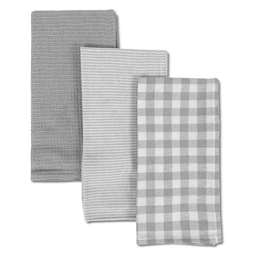 TIENDA EURASIA – Juego de 3 Paños de Cocina, Diseño Liso, de Cuadros y Rayas, Distintos Colores, 50x50x1,5 cm, Multiusos, 100% Algodón, Suave, Resistente y Absorbente (Gris)