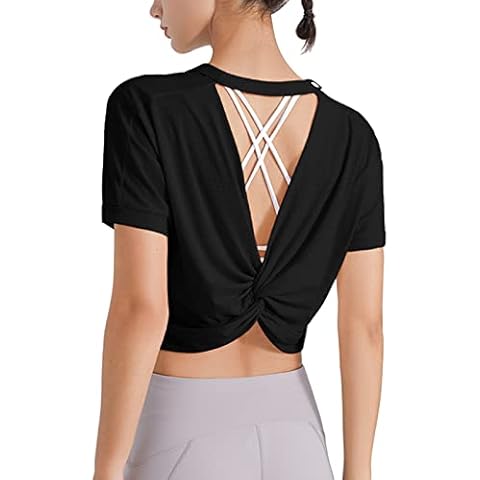 Workout Crop Tops for Women Short Sleeve Athletic Running Gym Tee Shirts Yoga Top Backless, Black, Medium Cover