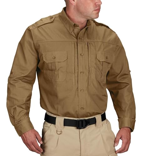 Propper Tactical Long Sleeve Ripstop Shirt – Epaulettes, Teflon Fabric Protection & Concealed Document Pockets for Public Safety in Coyote, Large Long