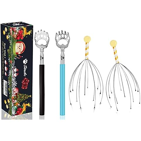 Stocking Stuffers 2-Pack Bear Claw Telescopic Back Scratcher Plus 2-Pack Head Massager Scalp Scratcher (Gold) Handheld Head Massage Tingler Suitable for Head Relaxation/Body Tickle Cover