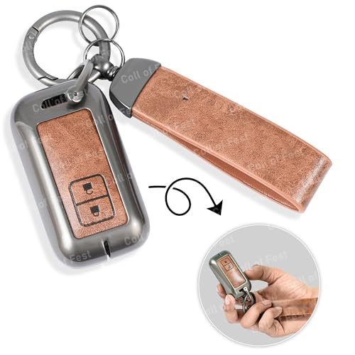 Image of Premium Metal PU Leather Car Key Cover Compatible with Maruti Suzuki jimny Baleno Grand Vitara XL6 Swift New Brezza 2022 Ertiga Dzire 2 Button Flip Smart Key Metal Enclosure with Keychain