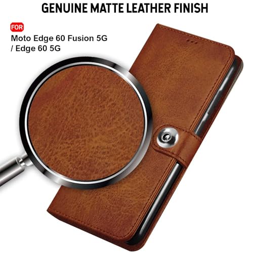Image of TheGiftKart Flip Cover Back Case for Motorola Moto Edge 60 Fusion 5G / Moto Edge 60 5G | Genuine Leather Finish | Designer Button | Inbuilt Pockets & Stand | Flip Back Cover Case (Faux Leather, Brown)