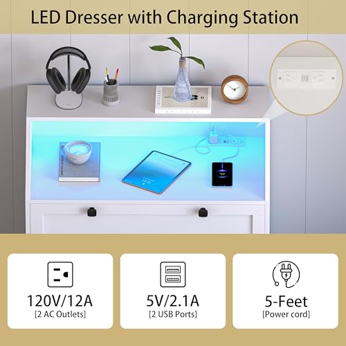 Image of Wodeer White Dresser Tall 5 Drawer Dresser for Bedroom, Wood Chest of Drawers with LED Lights, Charging Station, Metal Handles, Modern Storage Cabinet and Organizer Drawers for Living Room, Hallway