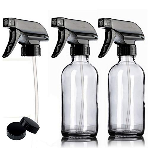 Glass Spray Bottles with Labels, AQwzh Clear Empty Refillable Container with Durable Black Trigger Sprayer w Mist and Stream Settings for Mixing Essential Oils, Homemade Cleaning Products ect. (clear)