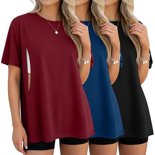 Image of Sweetyweee 3 Pack Women's Oversize Nursing Breastfeeding Shirts Hidden Zipper Short Sleeve Loose Fit Maternity Tops