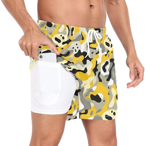 Camouflage Yellow Mens Swimsuit Trunks Men 2 in 1 Swimsuits Phone Pocket Quick Dry Elastic S3
