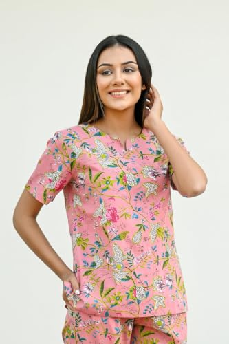 Image of SANSKRUTIHOMES Women's Premium 100% Cotton Printed Co-Ord Set | Short Sleeve Shirt & Pant Set | Pink Checkered Sun & Palm Tree Print | Casual Summer Resortwear, Vacation Wear & Comfortable Loungewear