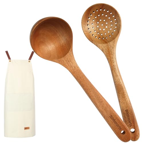 2pcs Wooden Cooking Ladles with 1pcs Kitchen Restaurant Aprons Large Cooking Spoons Slotted Spoon Nonstick Wooden Cooking Utensils Set Heat-resistant Large Wood Soup Spoons for Cooking Serving Mixing