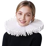 Renaissance Neck Ruff Elizabethan Dickens Collar Necklace Lace Victorian Ruffle Cuff Bracelet Clown Dress Costume Ensemble (White, Long)