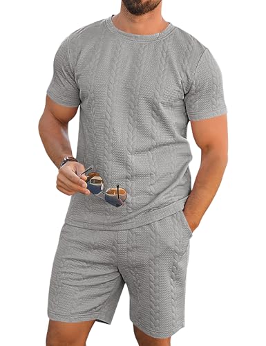 Babioboa Mens T Shirt and Shorts Summer Tracksuit Casual Casual Set with Jaquard Two Piece Outfits(Grey,L)