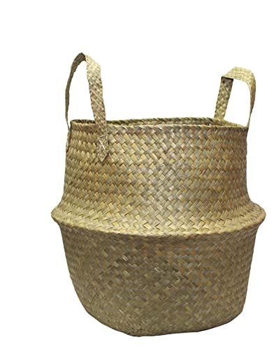 Muddy Hands Seagrass Belly Basket with Handles Natural Woven Foldable Laundry Storage Bag Planter Plant Pot Cover Holder (Medium - 23x32cm)