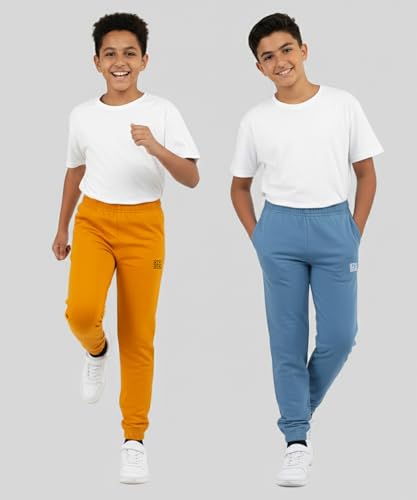 Image of KYDA Kids Boys Premium 100% Cotton Regular Fit Track Pants Soft Breathable Elastic Waist Casual Joggers Kids Playwear Everyday Comfort Wear-Pack of 2