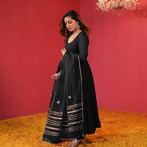 Image of GoSriKi Women's Rayon Viscose Anarkali Solid Kurta with Pant & Dupatta | Soft Comfortable Fabric | Elegant Flared Ethnic Wear Set for Festive Casual Office Daily Use