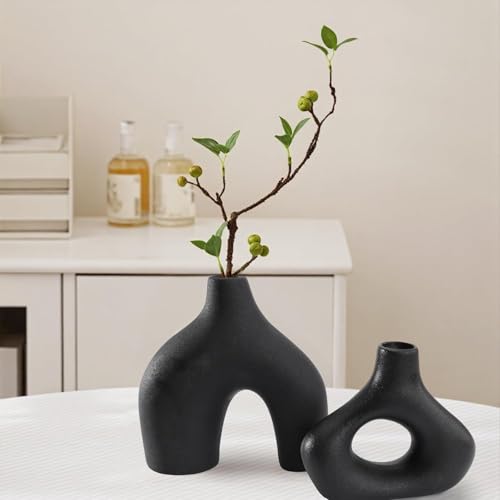 Image of PUREZENTO Abstract Black Ceramic Donut Vase 5.4 & 7.7 Inch - Set of 2 | Decorative Unique Modern Vase for Dried Flowers & Pampas Grass | Vases for Modern Home Decor, Living Room, Office Decor Ideas
