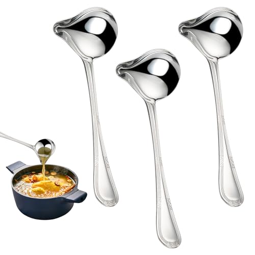 3 Pièce Louche à Sauce Avec Bec Verseur, 20,5 cm Acier Inoxydable Cuillère à Sauce, Argenté Petite Long Manche Louches avec Inclinées Bec Verseur pour...