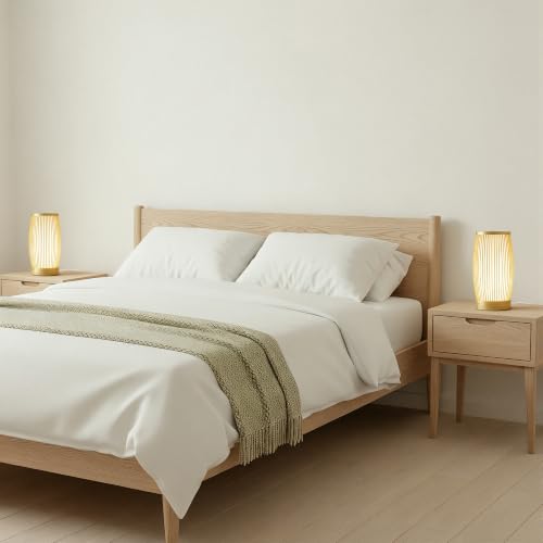 Image of Set of 2 Small Table Lamps, 11 inch Japandi Bamboo Bedside Lamps with Beige Linen Shades, Boho Nightstand Lamps for Bedroom, Living Room, Dorm Room, Natural