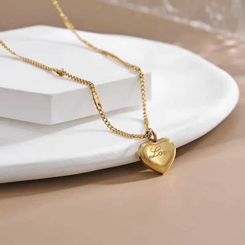 18K gold plated Love engraved heart pendant necklace with 15.5 inch Cuban link chain alternating with flat chain - Image 2