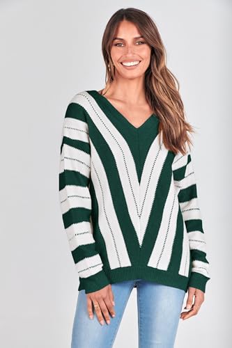 Image of PRETTYGARDEN Women's V Neck Striped Knit Pullover Sweater