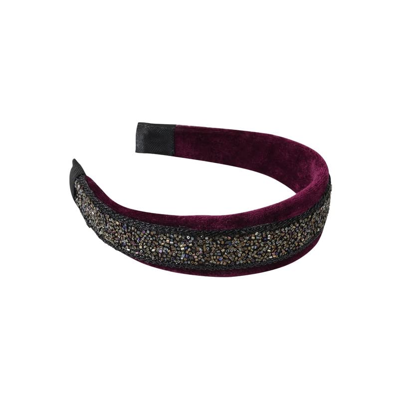 Nnr Beaded Hair Band With Cutdana Work - 1.5 inch Width Headband for Women and Girls - Soft Velvet Fabric, Flexible for All Head Sizes - Set of 1 - Valvet & Black