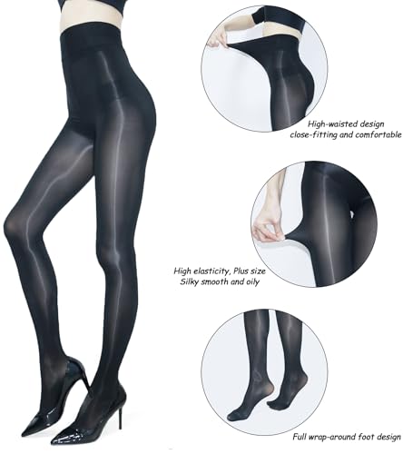Image of Women's Oil Shiny Pantyhose High Waist Sheer Shimmer Tights Control Top Glossy Pantyhose for Women