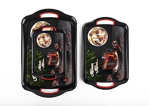 Image of Finner Premium Era Serving Tray Set of 3 Kashmiri Kahwa Print Design Plastic Material Glossy Finish BPA Free Trays for Kitchen and Office and Home Decor (Black, Set of 3)