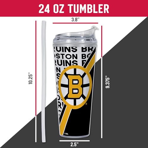 Image of Rico Industries NHL Hockey Boston Bruins Standard 24oz Acrylic Tumbler with Hinged Lid, Officially Licensed Double Wall Tumbler with Straw
