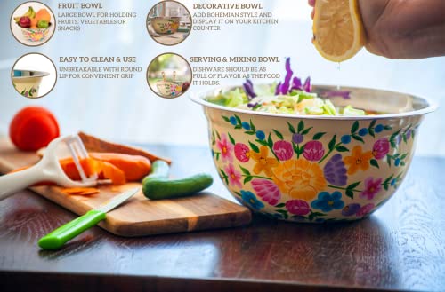 Large Hand Painted Stainless Steel Fruit Bowl - Decorative Floral Salad Mixing And Serving Bowl - Traditional Kashmiri Art For Home Decor (Cream) #TOP1