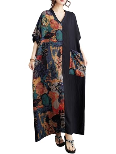 Women Plus Size Summer Dress Artistic Print Black Patchwork Casual Loose Long Dresses with Pockets Vacation