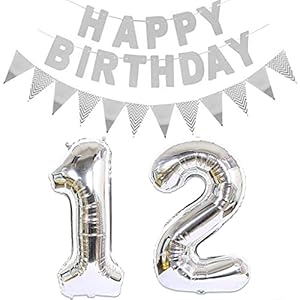 2 ballonnen getal 12 zilver + Happy Birthday-slinger + zilveren banner folieballon 12e verjaardag decoratie jonge…