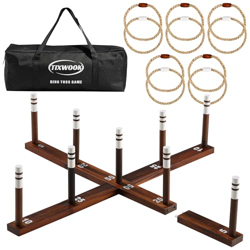 TIXWOOK Ring Toss Game for Kids & Adults Outdoor Yard Games for Adults and Family Premium Ring Game with 6/10 Rope Rings & Carrying Bag Perfect for Lawn Backyard Beach Camping
