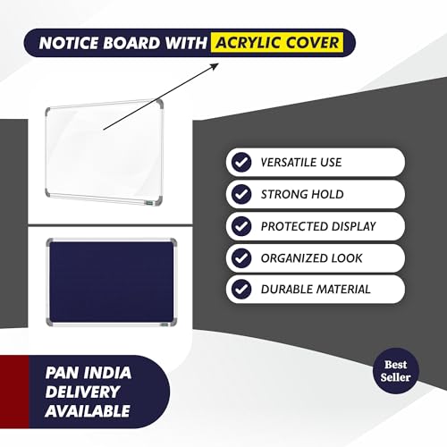 Image of YAJNAS 3X5 Feet Premium Material Blue Designed Notice Board with Acrylic Door /Soft Board /Bulletin Board /Pin-up Display Board for Study Room, Office, School & Home Use