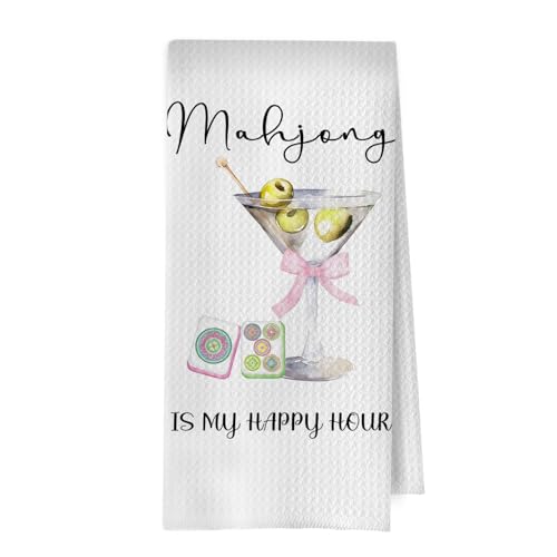 Image of Mahjong Martini Kitchen Towels - Coquette Cocktail Gifts Decorative Dish Towels, Mahjong Gifts Hand Towel, Pink Bow Alcohol Mah Jong Tea Towel, 16x24 Inch